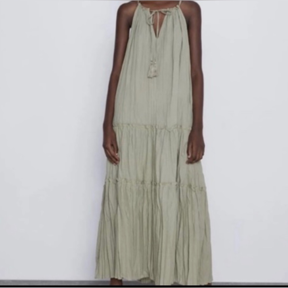 Fab’rik Sage Olive Green Boho Oversized Tier Maxi Dress Size Small